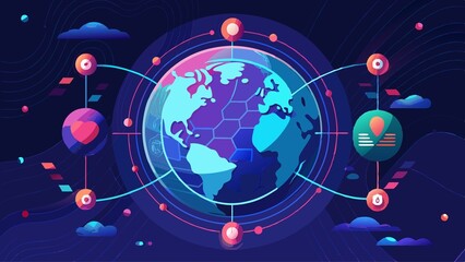 Obraz premium A colorful drawing of a planet with many different icons