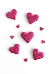 Fototapeta premium Pink Glitter Hearts Scattered on White Background. AI Generated