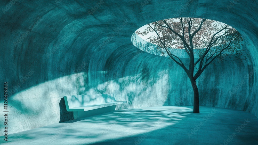 Poster abstract turquoisecolored empty concrete interior with grunge textures round and curved structures l