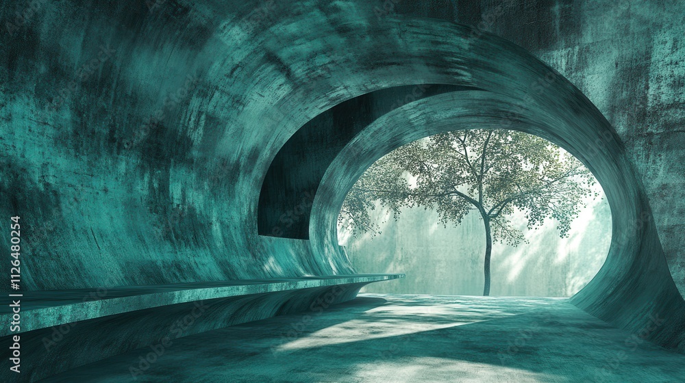 Poster abstract turquoisecolored empty concrete interior with grunge textures round and curved structures l
