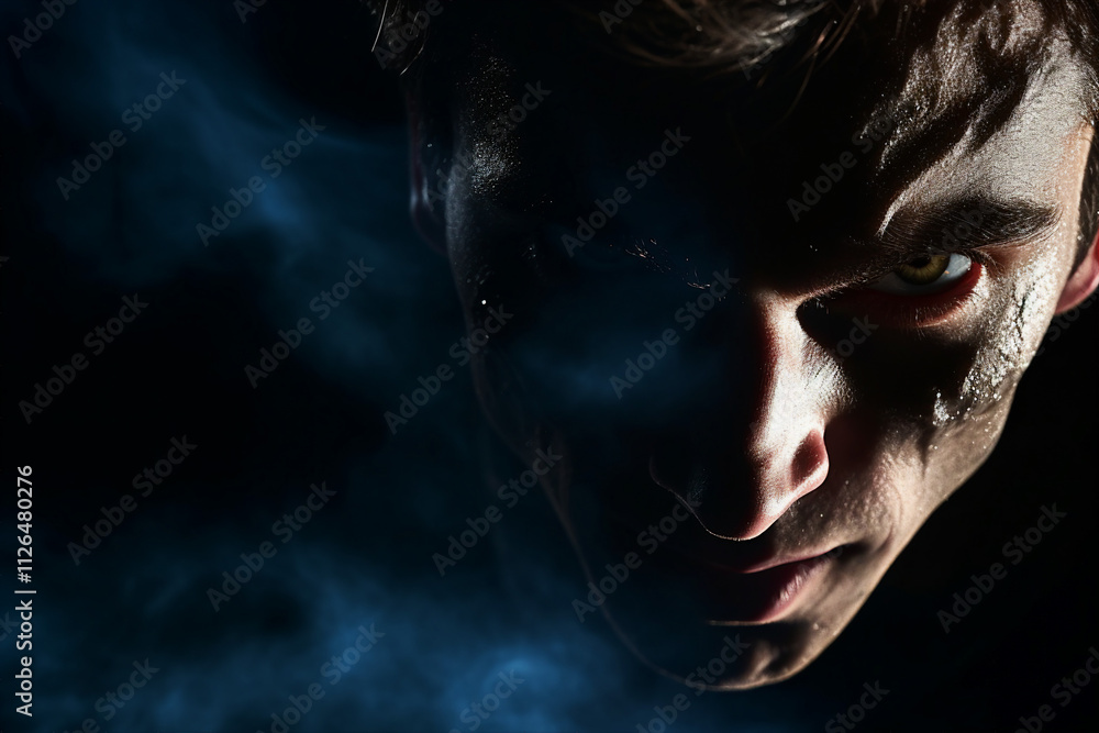 Poster generative ai picture close up photo of a person with bleeding red eyes on dark background