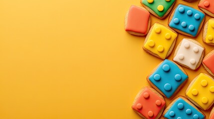 Colorful Square Cookies with Bright Icing on Yellow Background for Sweet Treat and Dessert Concept