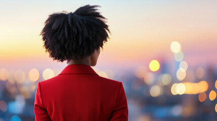 A woman in red blazer stands with her back to camera, gazing at vibrant city skyline during sunset. scene is filled with soft bokeh lights, creating serene and contemplative atmosphere
