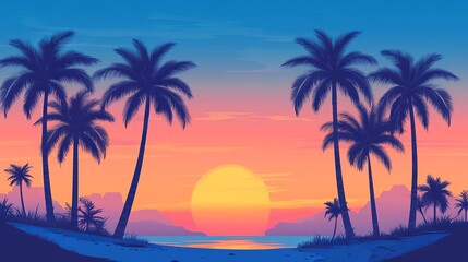 Obraz premium An evening on the beach with palm trees. Colorful picture for rest. Blue palm trees at sunset. Orange sunset in the blue sky. Palmeny island. Summer sunset agains 