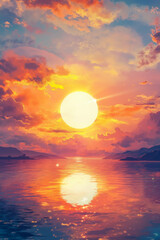 Naklejka premium A sunset over a body of water with a full moon in the sky