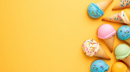 Colorful Ice Cream Cones with Sprinkles on Bright Yellow Background for Summer Treats and Dessert Concepts