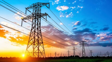 Majestic Sunset Over Electric Power Lines with Tower Structures and Vibrant Sky, Creating an Inspiring Landscape in the Energy Sector