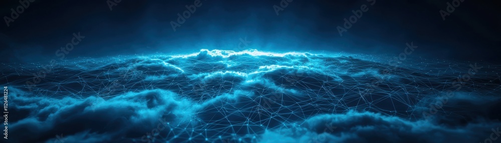 Poster a surreal depiction of glowing clouds illuminated in blue light, creating an ethereal and dreamy atm