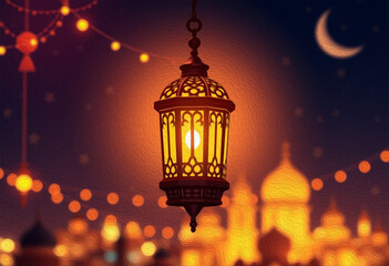 Fototapeta premium Printable pattern for wall decorations, covers, wallpapers, greeting cards on the occasion of a Muslim holiday. Ramadan . Oil painting