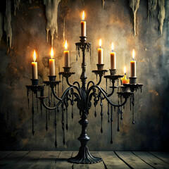 A gothic candelabra featuring dripping wax and black candles