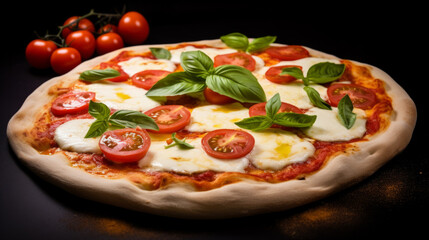 A gourmet pizza fresh from the oven, topped with sliced tomatoes, pizza stock  photo