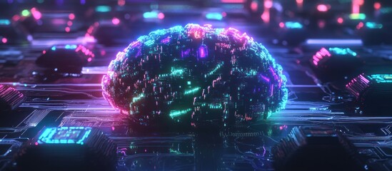 Obraz premium Glowing digital brain on circuit board.
