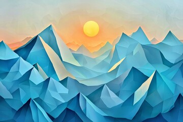 A digital art illustration style of an abstract mountain range, with sharp peaks and soft valleys in shades of blue against a gradient sky at sunrise.