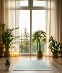 Yoga mat at home at sunset, in a room with a window and plants. Warm atmosphere.