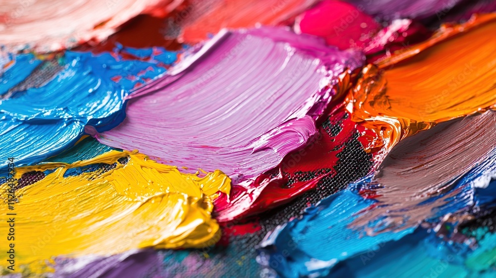 Poster a trail of vibrant paintbrush strokes across a canvas, blending and blending to form an abstract, ye
