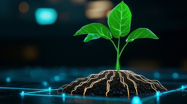 Nurturing growthdigital plant emergence virtual environment 3d visualization futuristic concept close-up perspective