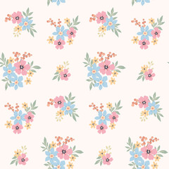 Seamless floral pattern, delicate ditsy print with simple hand drawn plants in pastel colors. Cute botanical design of small flowers, tiny leaves, simple decorative bouquets. Vector illustration.