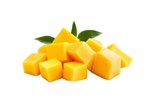 Closeup of ripe mango cut into cubes, vibrant yellow flesh, green skin, isolated on white transparent background