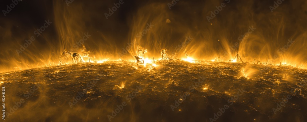 Poster closeup of the sun's surface with visible energy waves emanating from it towards earth. the backgrou