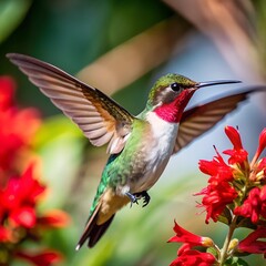 Fototapeta premium Vibrant hummingbird hovering near red flowers in a lush garden
