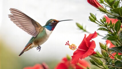 Vibrant hummingbird hovering near red flowers in a lush garden