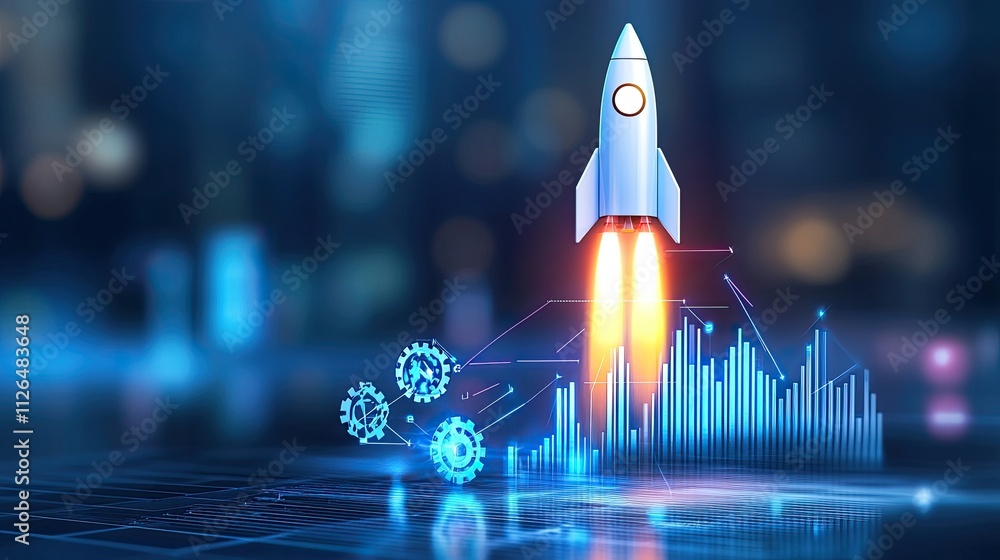 Aufkleber futuristic rocket launching with graphs and gears symbolizing innovation and growth in technology an