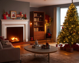 Mid-century modern living room with a Christmas tree, glowing fireplace, retro-style furniture, and...