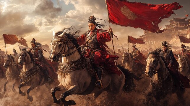 Epic ancient Chinese warrior cavalry scene with commander holding red battle flag. Dynamic composition showing mounted soldiers in traditional armor against dramatic sunset and imperial architecture