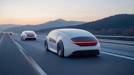 Obraz premium Futuristic Autonomous Cars on Open Highway at Sunset with Scenic Mountains in Background
