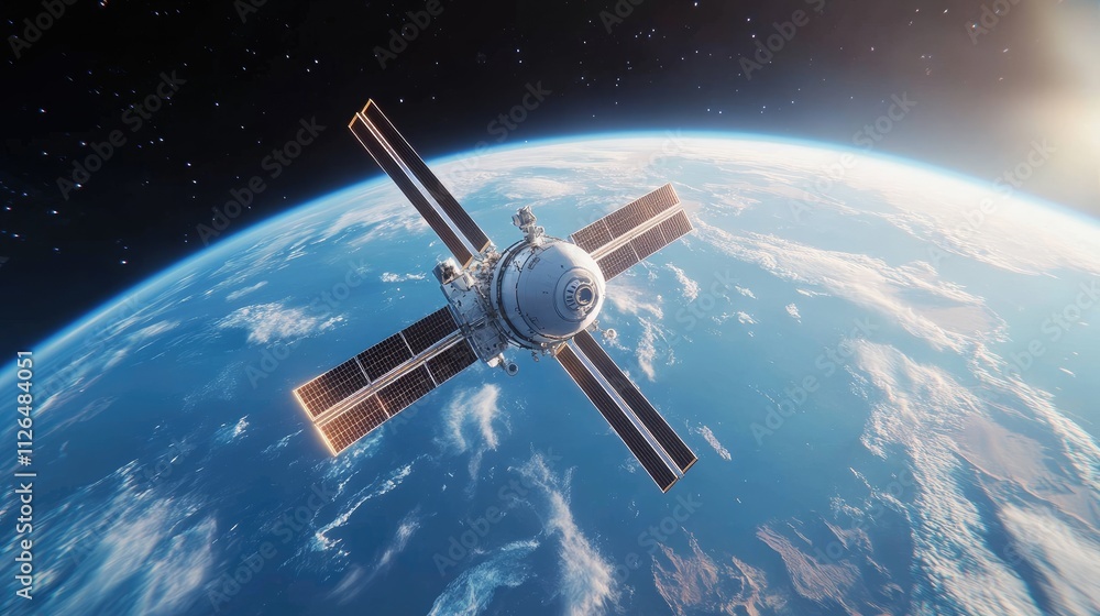 Poster advanced satellite orbiting earth with solar panels and starry background captured in high-quality r