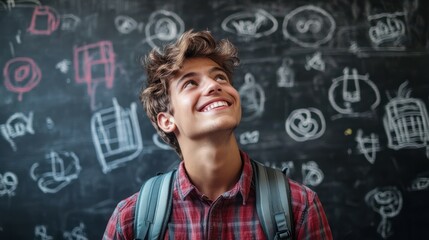A young male student with a backpack smiles while looking up, surrounded by chalkboard doodles.