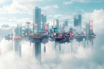 Naklejka premium A futuristic city floating in the sky, with skyscrapers, surrounded by clouds. The buildings have sleek designs and bright colors. 