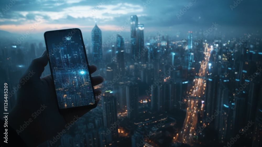 Poster artificial intelligence overlooking a smart city the city is connected to the global mobile internet