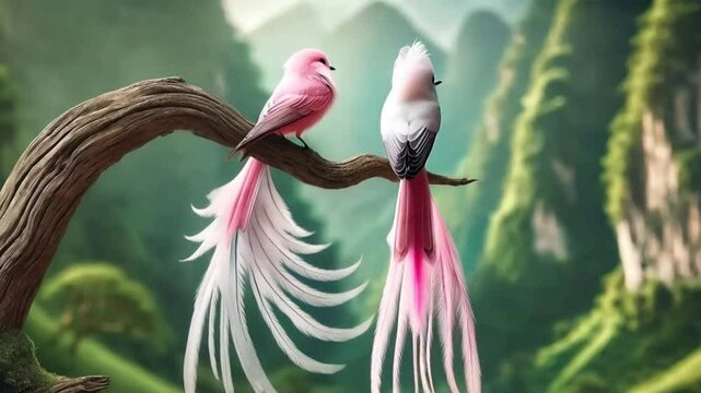 Two beautiful pink birds perched in a loving embrace on a tree branch