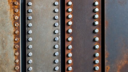 Detailed view of industrial steel plates showcasing various textures and rust patterns, highlighted by bolts creating a sturdy and raw construction feel.