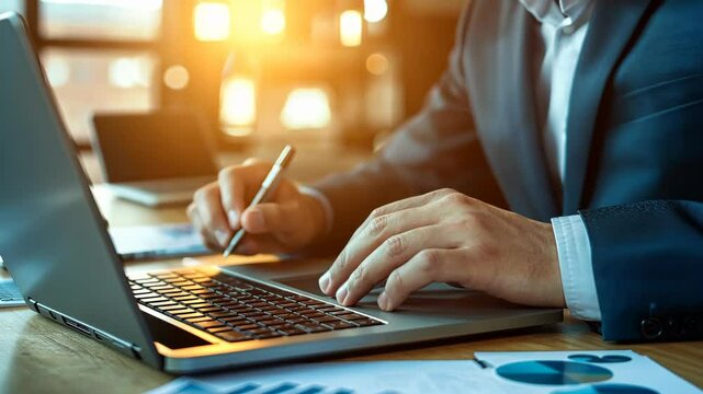 Programmer writing code on laptop keyboard in office at night