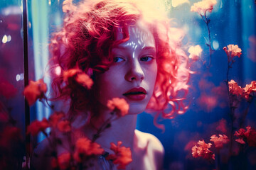 Portrait artistique de jeune femme avec des fleurs