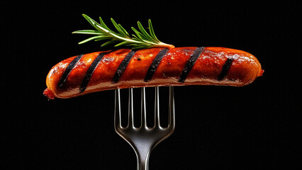 Grilled sausages with rosemary on a fork, 8k resolution