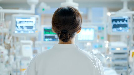 Healthcare professional monitoring equipment in modern medical facility with advanced technology.