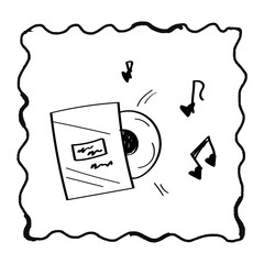 Modern poster placard or clip art with a valentine's day theme. Valentine doodle card illustration with retro music record and sheet music, childlike naive vector art style