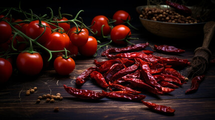 An artistic composition of tomatoes and dried chili peppers, stock photo
