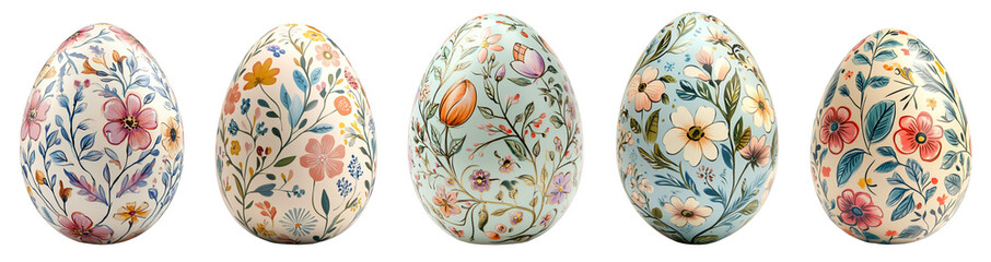 Fototapeta premium Colorful decorated Easter eggs with floral patterns and transparent background