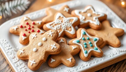 A festive platter of decorated gingerbread cookies in star shapes, perfect for holiday celebrations.