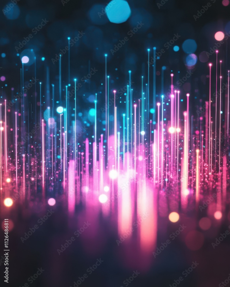 Poster abstract background with pink blue glowing neon lines and bokeh lights. data transfer concept. digit