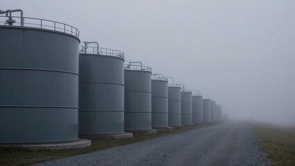 Obraz premium Industrial storage tanks lined up on a gravel road in a foggy atmosphere, creating an eerie mood while emphasizing industrial infrastructure and isolation.