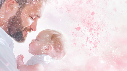 Father holding newborn baby surrounded by soft pink and white abstract background