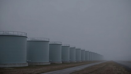 Obraz premium Foggy landscape featuring rows of industrial storage tanks under a gray sky, with an empty road, creating a serene yet desolate atmosphere.