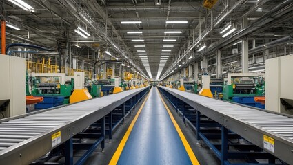 Fototapeta premium Expansive view of manufacturing facility featuring conveyor belts and machinery, emphasizing industrial efficiency and production workflows. Brightly lit space.