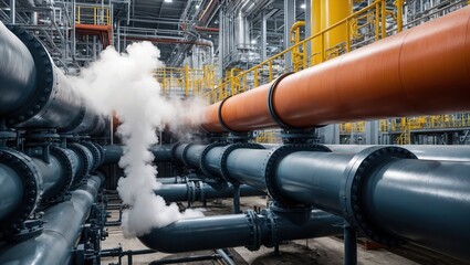 Naklejka premium Industrial pipeline system showcasing steam venting with prominent gray and orange pipes in a spacious facility, embodying key aspects of machinery and manufacturing.