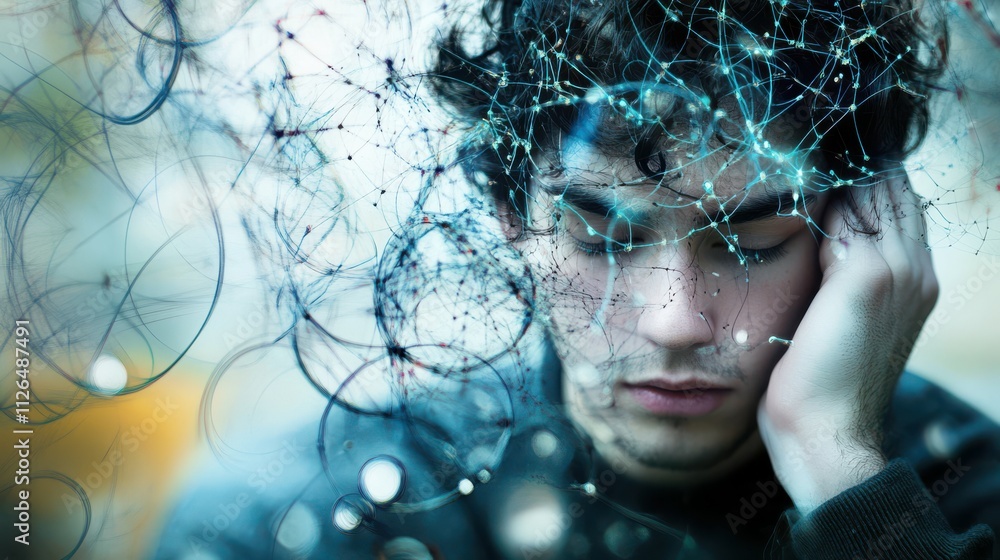 Poster contemplative student immersed in complex network of thoughts abstract digital concept